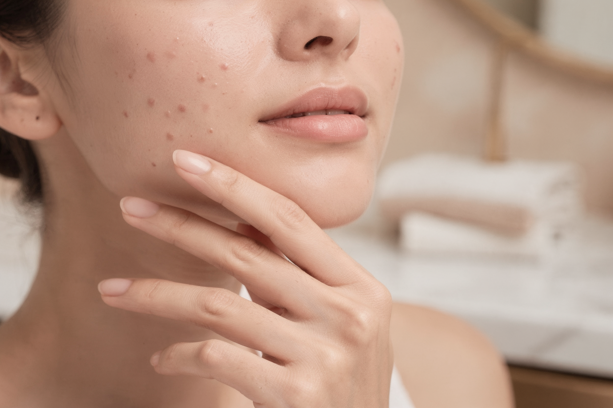 Person touching their chin showing acne breakouts on face